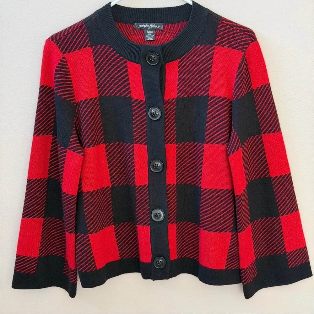 Red and Black Checkered Cardigan Sweater Sz PM